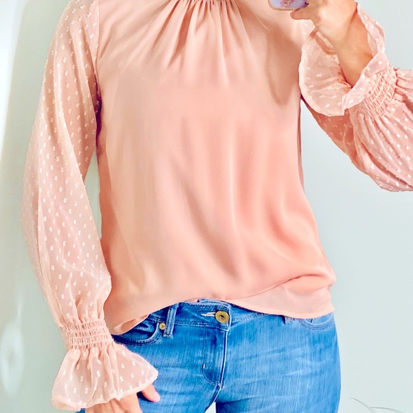 Japna pink mock neck long sleeve blouse with sheer detailed sleeves size small - Picture 2 of 9